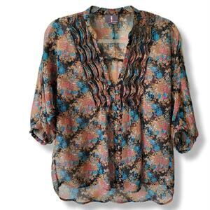 Y2K Women Buffalo Jeans Sheer Floral Blouse SP Cowgirl Casual Romantic Delicate